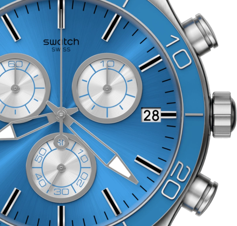 Swatch,IRONY 43mm,43mm,Stainless Steel,Black,Silver,Blue,Minutes,YVS485