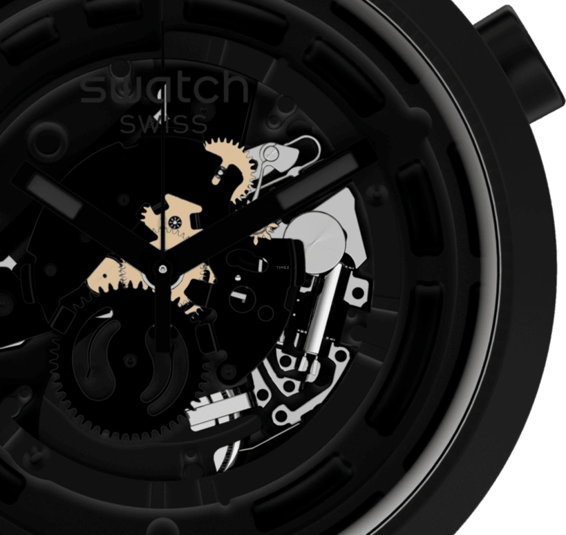 Swatch,Other 47mm,47mm,Bioceramic,Black,Skeleton,Quartz,Sapphire,Crystal Glass,Round,SB03B100