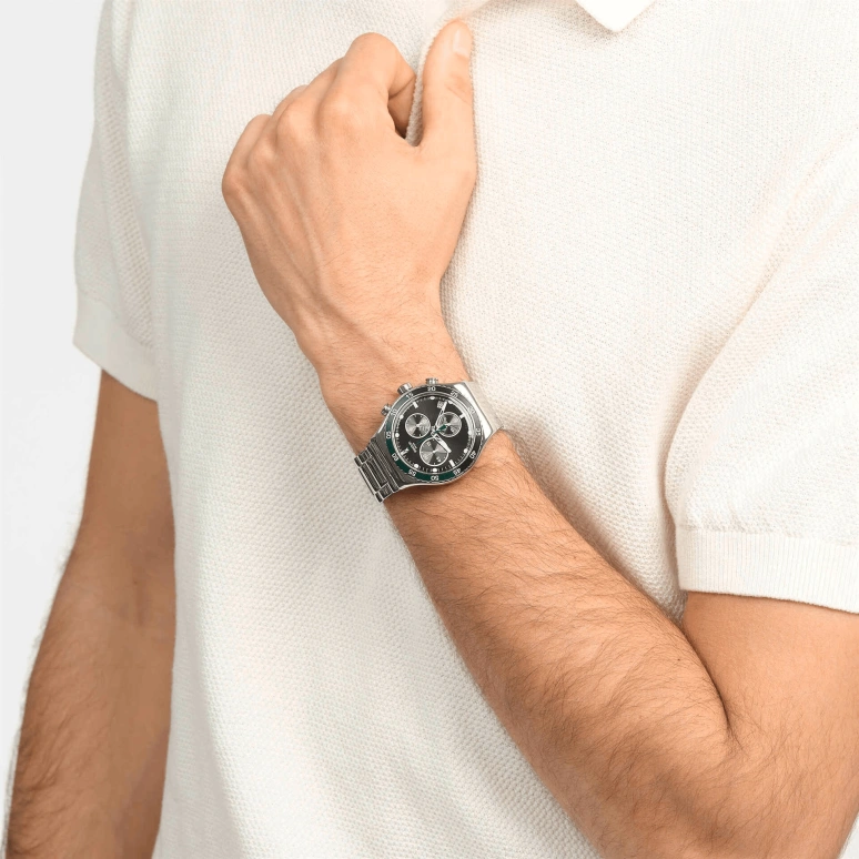Swatch,Other 43mm,43mm,Stainless Steel,Black,Quartz,Chronograph,Day,YVS506G