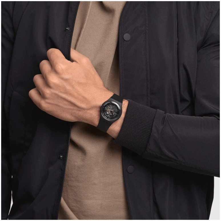 Swatch,Originals 41mm,41mm,Bio-sourced,Black,Skeleton,Quartz,Sapphire,Crystal Glass,Round,SO29B109