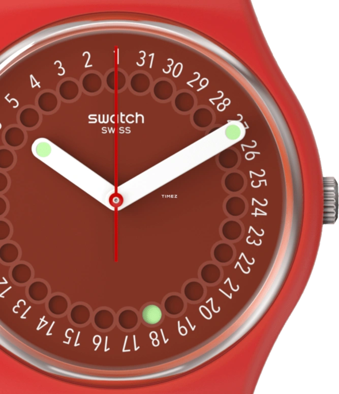 Swatch,Other 34mm,34mm,Bio-sourced,Red,Quartz,Day,Sapphire,Crystal Glass,SO28R400