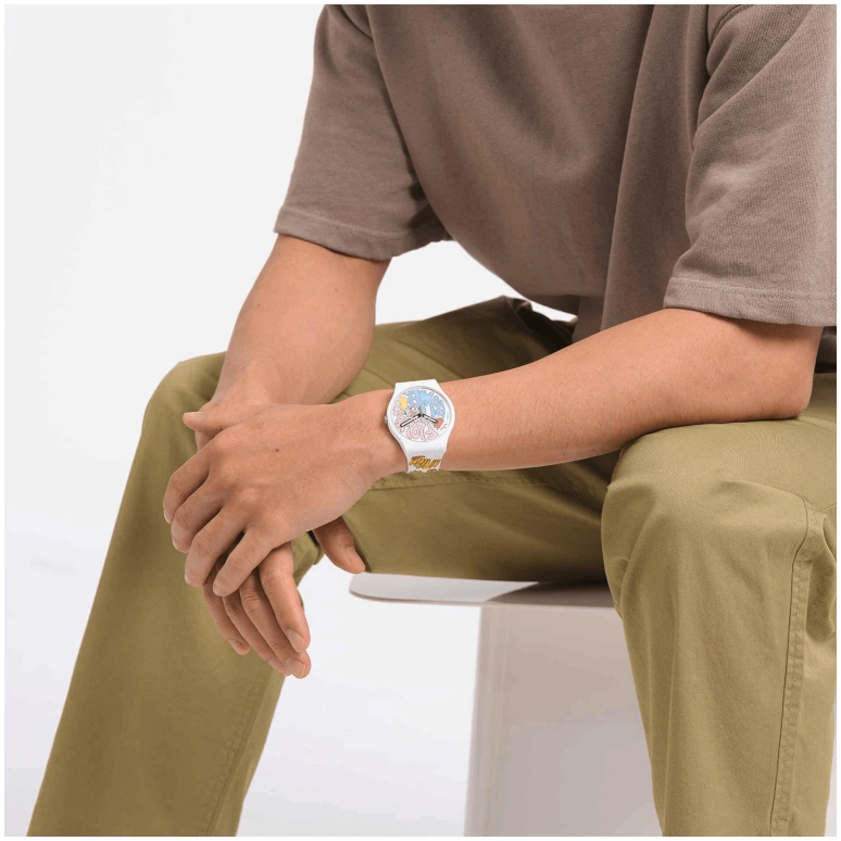 Swatch,Originals 41mm,41mm,Bioceramic,White,Multi-Color,Quartz,Sapphire,Crystal Glass,Round,SO32W107