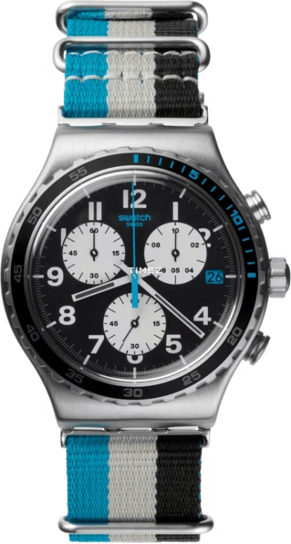 Swatch,Other 43mm,43mm,Stainless Steel,Black,Quartz,Chronograph,Day,YVS409