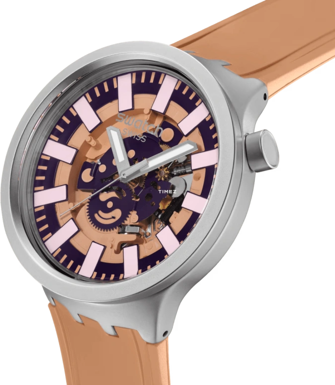 Swatch,THE BOLD 47mm,47mm,Stainless Steel,Purple,Cream,Transparent,Quartz,Round,Natural Steel,SB07S119
