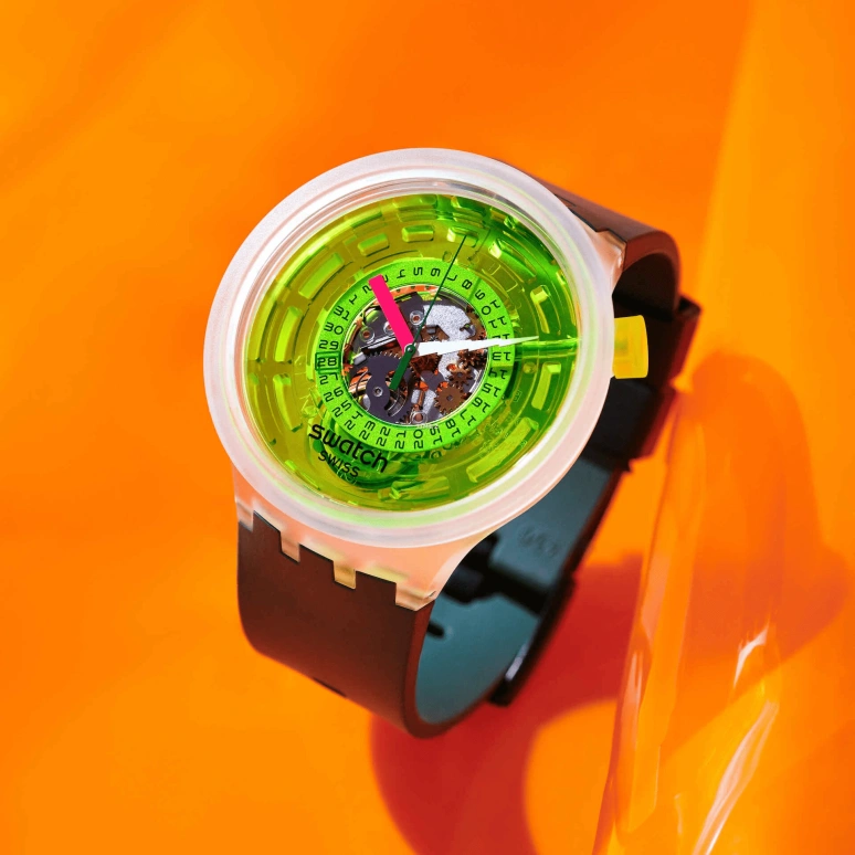 Swatch,NEON 47mm,47mm,Bio-sourced,Yellow,Quartz,Day,Sapphire,SB05K400