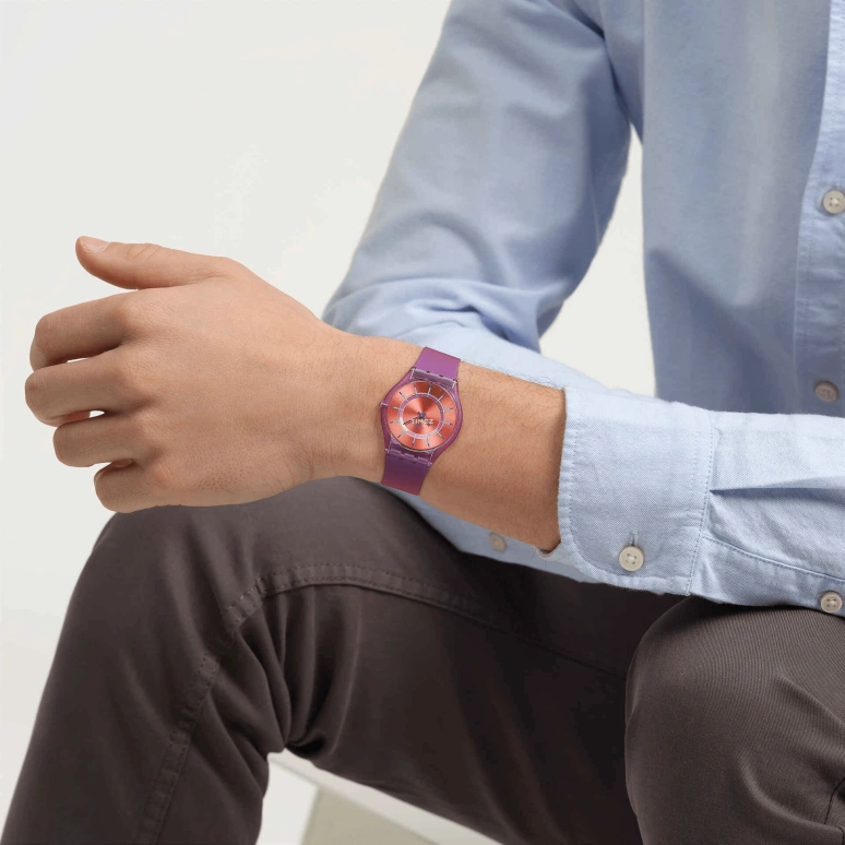Swatch,SKIN 34mm,34mm,Bio-sourced,Red,Quartz,Round,Purple,SS08V108