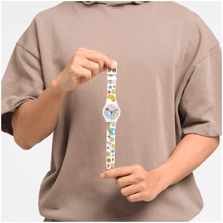 Swatch,Originals 41mm,41mm,Bioceramic,White,Multi-Color,Quartz,Sapphire,Crystal Glass,Round,SO32W107