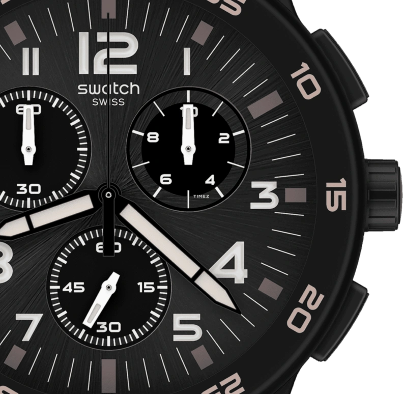 Swatch,Originals 42mm,42mm,Plastic,Black,Quartz,Chronograph,Round,SUSB106