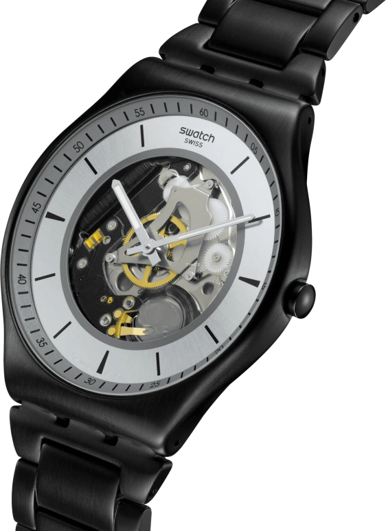Swatch,Swatch Essentials 42mm,42mm,Stainless Steel,Grey,Skeleton,Quartz,Sapphire,Crystal Glass,Round,SS07B113G