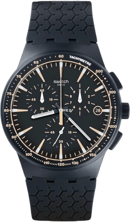 Swatch,CLASSIC 42mm,42mm,Plastic,Black,Quartz,Chronograph,Day,SUSN407