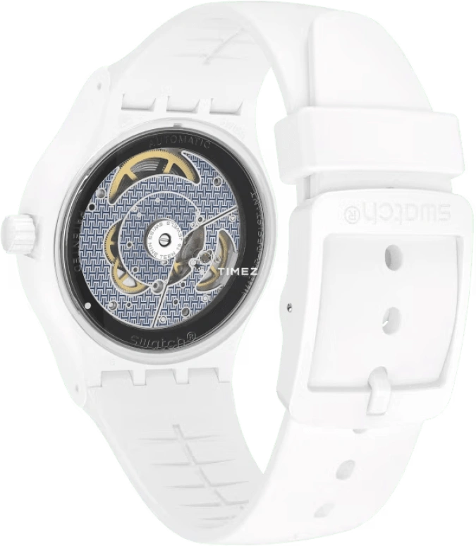 Swatch,Other 42mm,42mm,Plastic,Silver White,Automatic,Tonneau,White,SUTZ407
