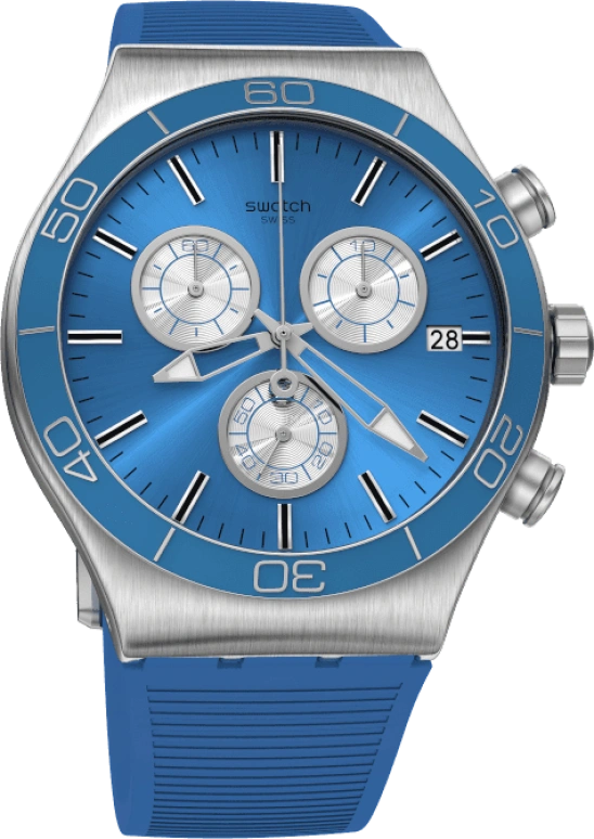 Swatch,IRONY 43mm,43mm,Stainless Steel,Black,Silver,Blue,Minutes,YVS485