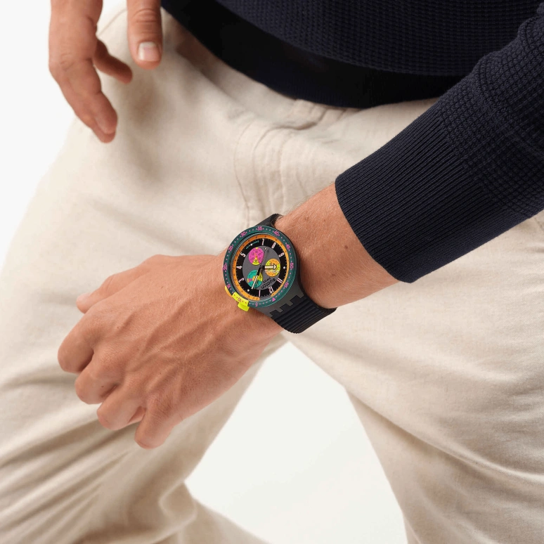 Swatch,NEON 47mm,47mm,Composite,Black,Multi-Color,Quartz,Chronograph,Round,SB02B104