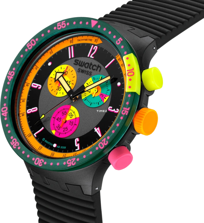 Swatch,NEON 47mm,47mm,Composite,Black,Multi-Color,Quartz,Chronograph,Round,SB02B104