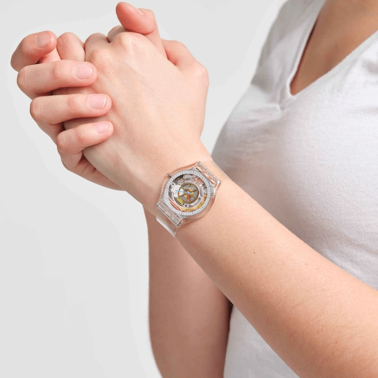 Swatch,CLEAR 34mm,34mm,Bio-sourced,Silver,Skeleton,Quartz,Sapphire,Crystal Glass,Round,SS08K109,SS08K109-S06
