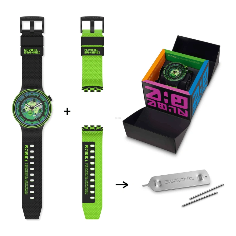 Swatch,Other 47mm,47mm,Plastic,Green,Skeleton,Quartz,Sapphire,Crystal Glass,Round,SB01B125