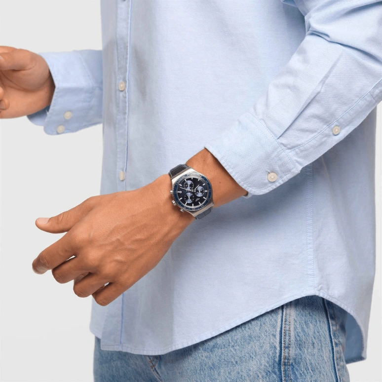 Swatch,Other 43mm,43mm,Stainless Steel,Blue,Quartz,Chronograph,Day,YVS496
