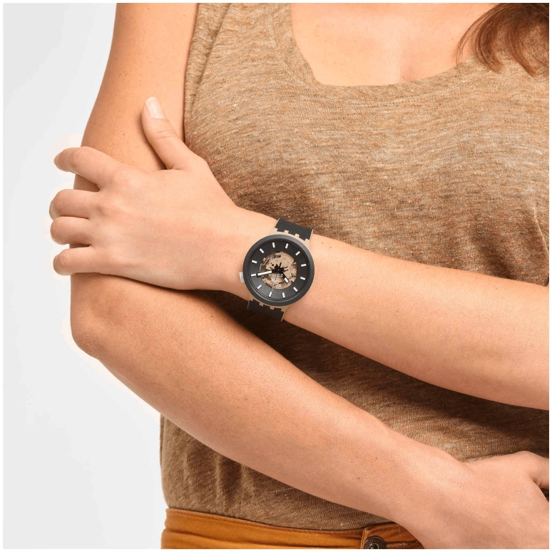 Swatch,Other 47mm,47mm,Ceramic,Black,Cream,Skeleton,Quartz,Sapphire,Crystal Glass,Round,SB03C100