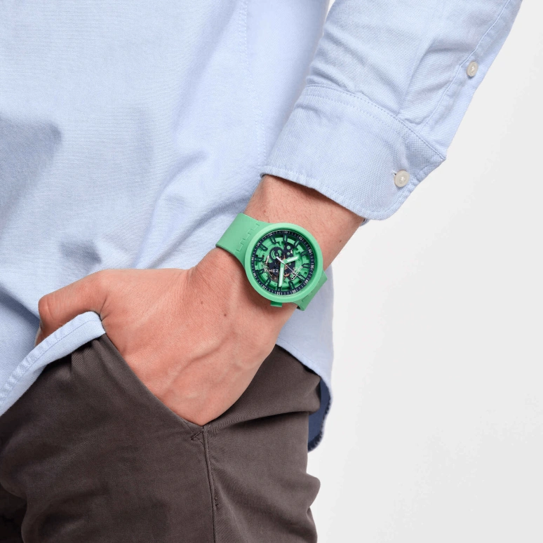 Swatch,Other 47mm,47mm,Plastic,Green,Skeleton,Quartz,Sapphire,Crystal Glass,Round,SB01G101