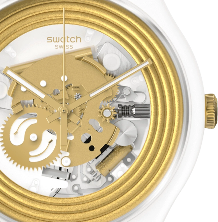 Swatch,Originals 41mm,41mm,Bio-sourced,White,Gold,Skeleton,Quartz,Sapphire,Crystal Glass,Round,SO29W107