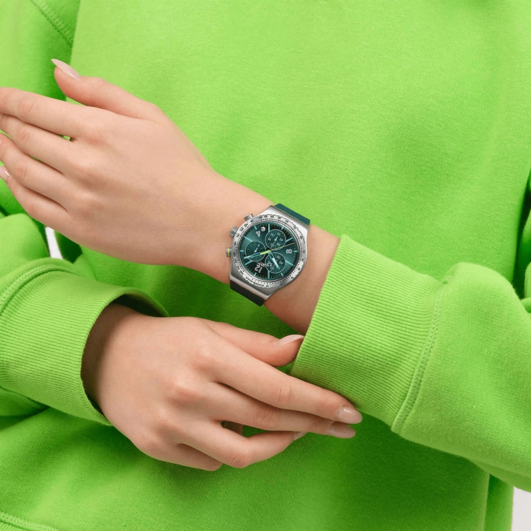 Swatch,IRONY 43mm,43mm,Stainless Steel,Green,Automatic,Chronograph,Day,YVS535