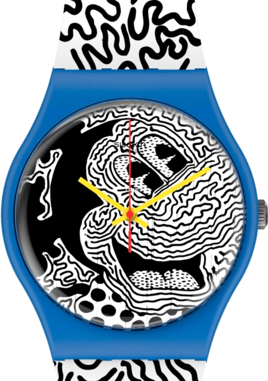 Swatch,Other 41mm,41mm,Plastic,Black,White,Quartz,Tonneau,Blue,SUOZ336