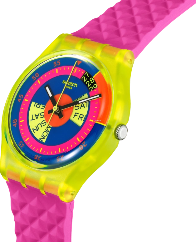 Swatch,NEON 34mm,34mm,Bio-sourced,Multi-Color,Purple,Quartz,Date,Day,SO28J700