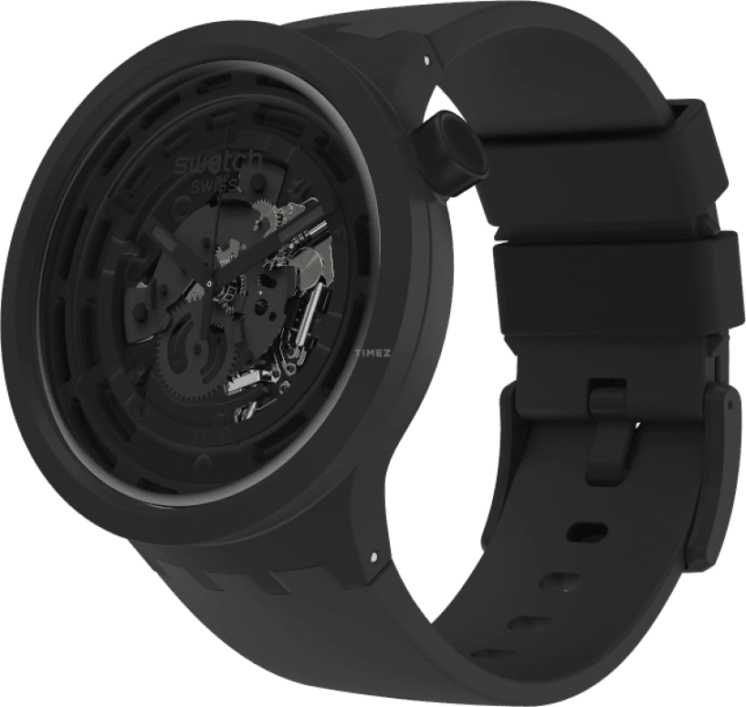 Swatch,Other 47mm,47mm,Bioceramic,Black,Skeleton,Quartz,Sapphire,Crystal Glass,Round,SB03B100