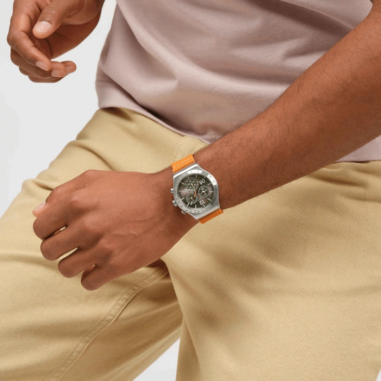 Swatch,IRONY 43mm,43mm,Stainless Steel,Brown,Green,Quartz,Chronograph,Round,YVS101