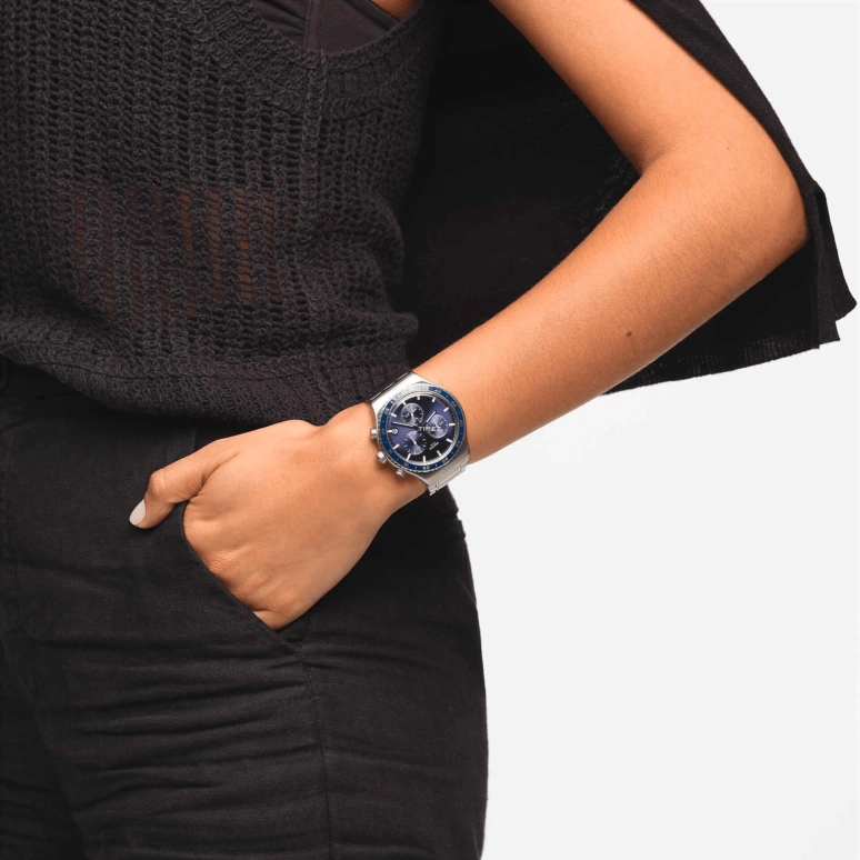 Swatch,Other 43mm,43mm,Stainless Steel,Blue,Quartz,Chronograph,Day,YVS496G