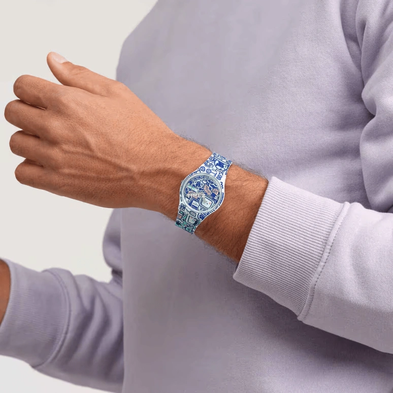 Swatch,Originals 34mm,34mm,Bio-sourced,Blue,White,Quartz,Glass,Round,SO28Z702