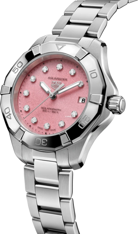 TAG Heuer,Aquaracer 34mm,34mm,Stainless Steel,Pink,Quartz,Day,Solar Charging,WBP1318,WBP1318.BA0005