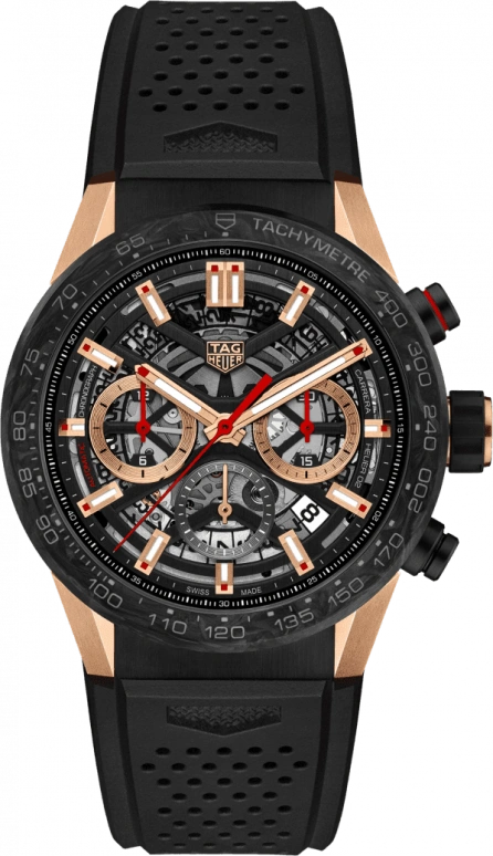 TAG Heuer,Carrera 43mm,43mm,Rose Gold,Carbon,Stainless Steel,Skeleton,Automatic,Chronograph,Date,Column Wheel,CBG2052,CBG2052.FT6143