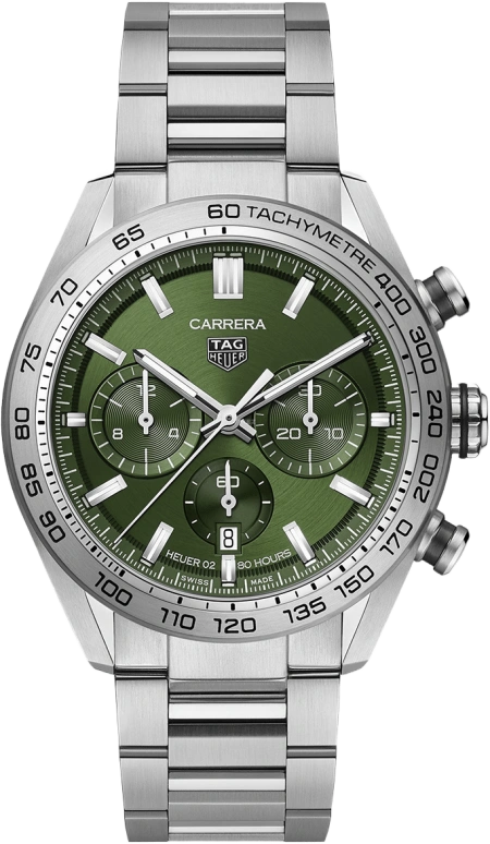 TAG Heuer,Carrera 44mm,44mm,Stainless Steel,Green,Automatic,Chronograph,Date,Column Wheel,CBN2A10,CBN2A10.BA0643
