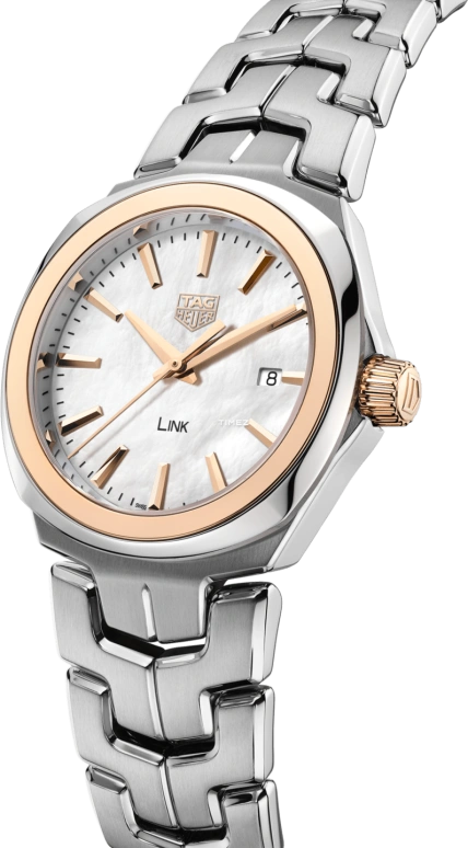 TAG Heuer,Link 32mm,32mm,Rose Gold,Stainless Steel,White,Quartz,Day,Sapphire,Crystal Glass,WBC1350,WBC1350.BA0600