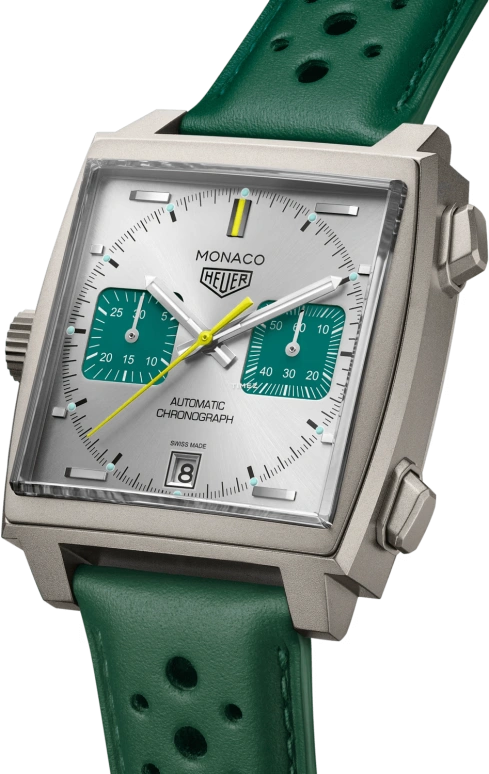 TAG Heuer,Monaco 39mm,39mm,Titanium,Silver,Green,Automatic,Chronograph,Day,CAW218E,CAW218E.FC6565