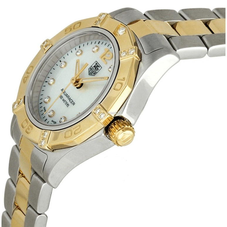 TAG Heuer,Aquaracer 27mm,27mm,Stainless Steel,Yellow Gold,White,Quartz,Day,26280hours,WAF1451,WAF1451.BB0825