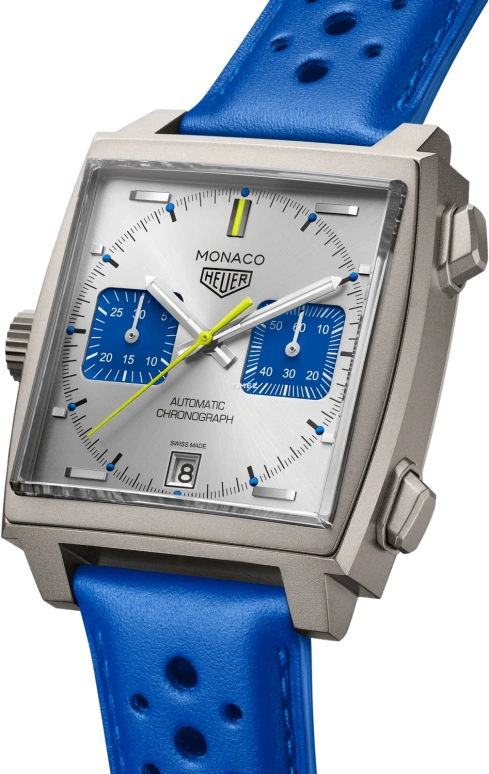 TAG Heuer,Monaco 39mm,39mm,Titanium,Blue,Titanium Gray,Automatic,Chronograph,Day,CAW218C,CAW218C.FC6548
