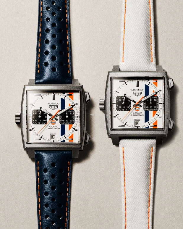 TAG Heuer,Monaco 39x39mm,39x39mm,Titanium,Blue,Orange,Silver White,Automatic,Chronograph,Day,CAW218G,CAW218G.EB0393
