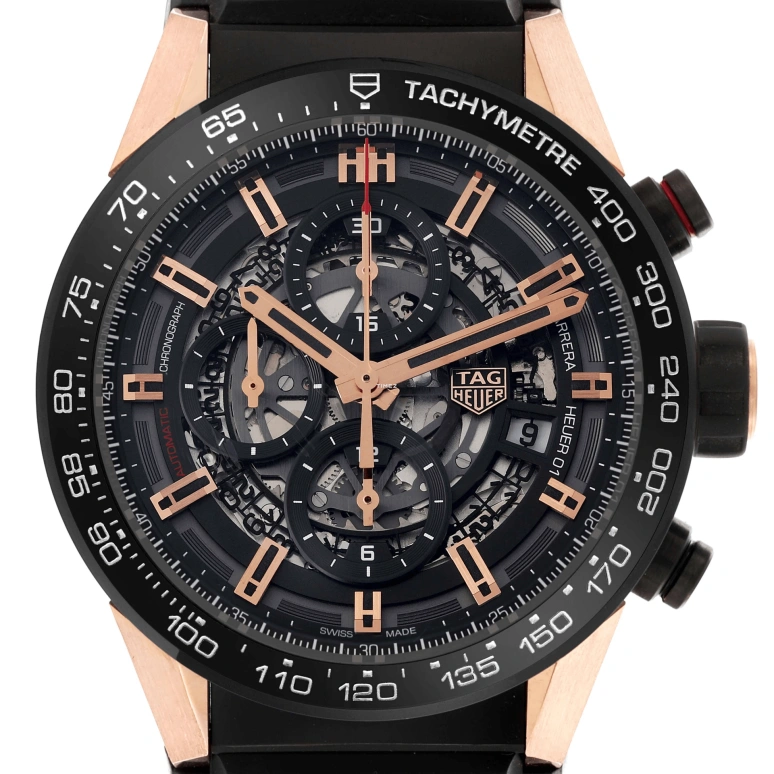 TAG Heuer,Carrera 43mm,43mm,Stainless Steel,Rose Gold,Black,Automatic,Chronograph,Day,CAR205A,CAR205A.FT6087