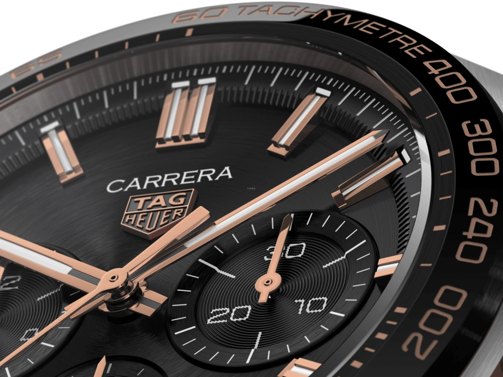 TAG Heuer,Carrera 44mm,44mm,Ceramic,Rose Gold,Stainless Steel,Black,Automatic,Chronograph,Date,Column Wheel,CBN2A5A,CBN2A5A.FC6481