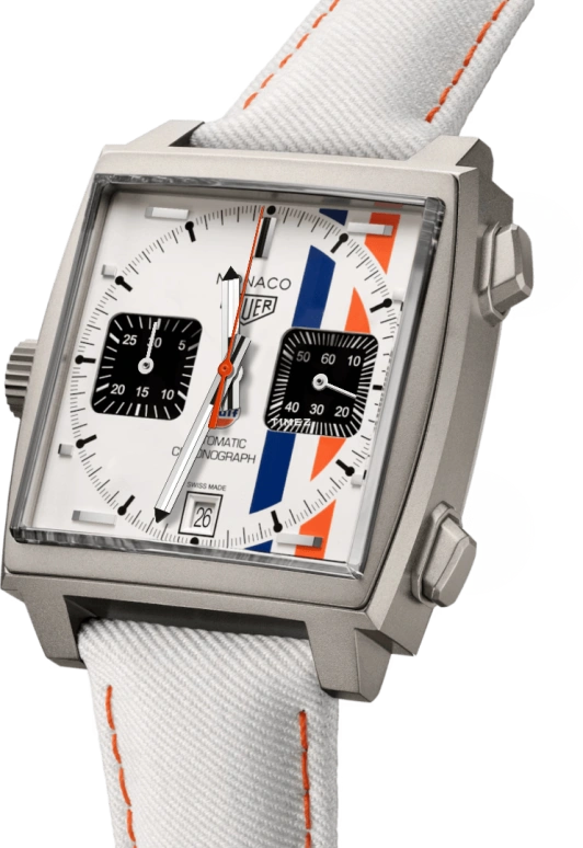 TAG Heuer,Monaco 39x39mm,39x39mm,Titanium,Blue,Orange,Silver White,Automatic,Chronograph,Day,CAW218G,CAW218G.EB0393