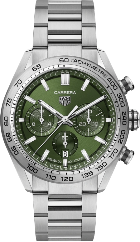 TAG Heuer,Carrera 44mm,44mm,Stainless Steel,Green,Automatic,Chronograph,Date,Column Wheel,CBN2A10,CBN2A10.BA0643
