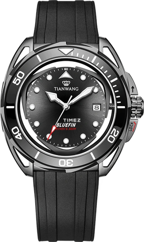 TianWang,Bluefin 43mm,43mm,Stainless Steel,Black,Automatic,Day,Crystal Glass,GS301333B,GS301333B.D.PB.B
