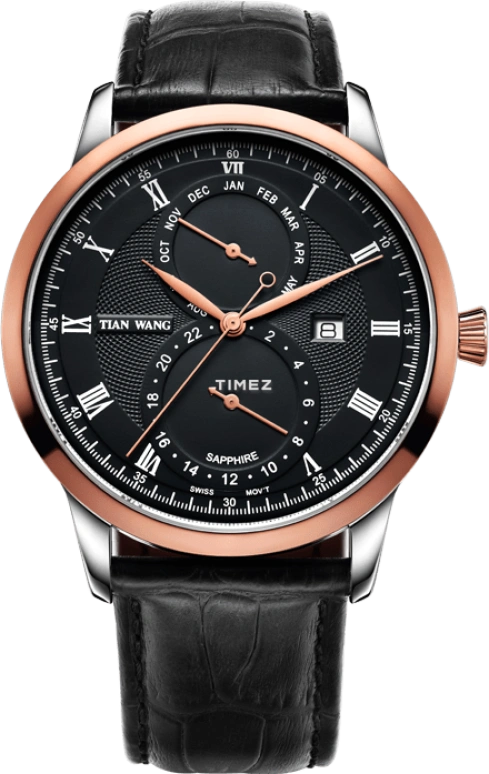 TianWang,Grace ,Stainless Steel,Black,Quartz,Month,Day,GS3674TP,GS3674TP/3D-B
