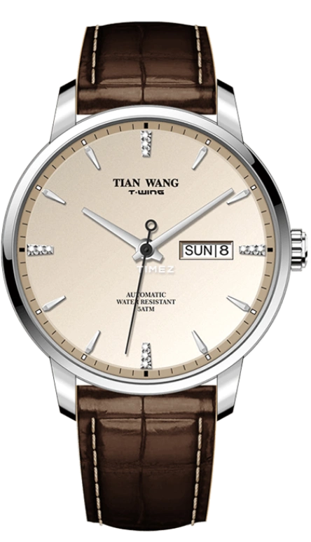 TianWang,Other ,Stainless Steel,Cream white,Automatic,Date,Day,GS51070S,GS51070S.DD.LC.C
