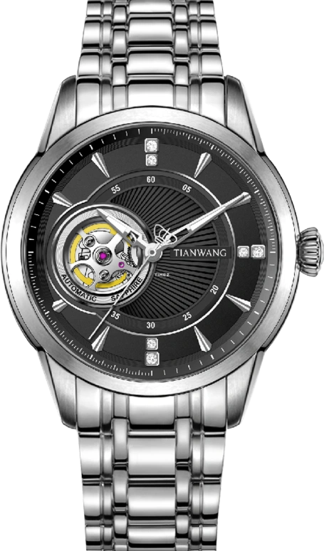 TianWang,Cardiac ,Stainless Steel,Black,Automatic,Crystal Glass,Round,GS5882S,GS5882S-1