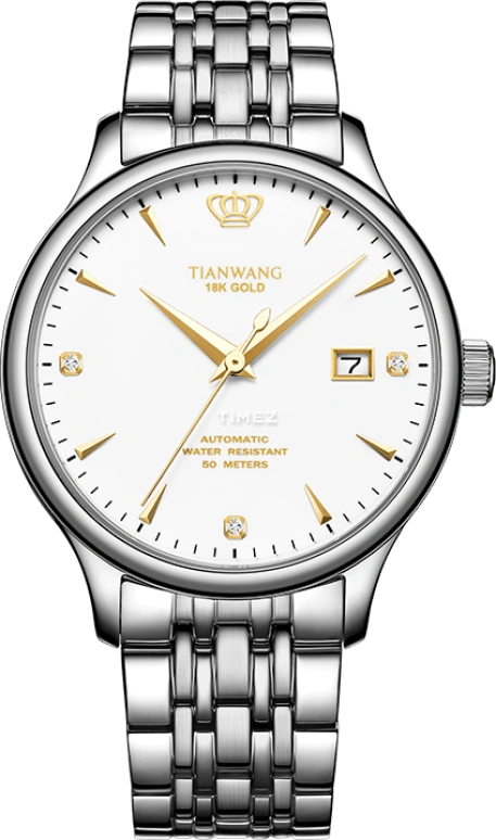 TianWang,18K GOLD ,Stainless Steel,White,Automatic,Day,Crystal Glass,GS5876S,GS5876S.DSKW
