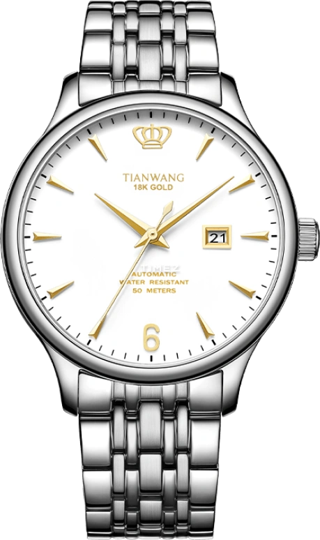 TianWang,18K GOLD ,Stainless Steel,White,Quartz,Day,Crystal Glass,GS5845S,GS5845S.DSKW
