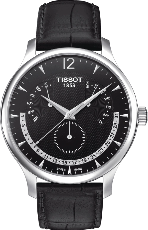 Tissot,Tradition 42mm,42mm,Stainless Steel,Black,Quartz,Month,Date,Day,Retrograde,Sapphire,Round,T063,T063.637.16.057.00